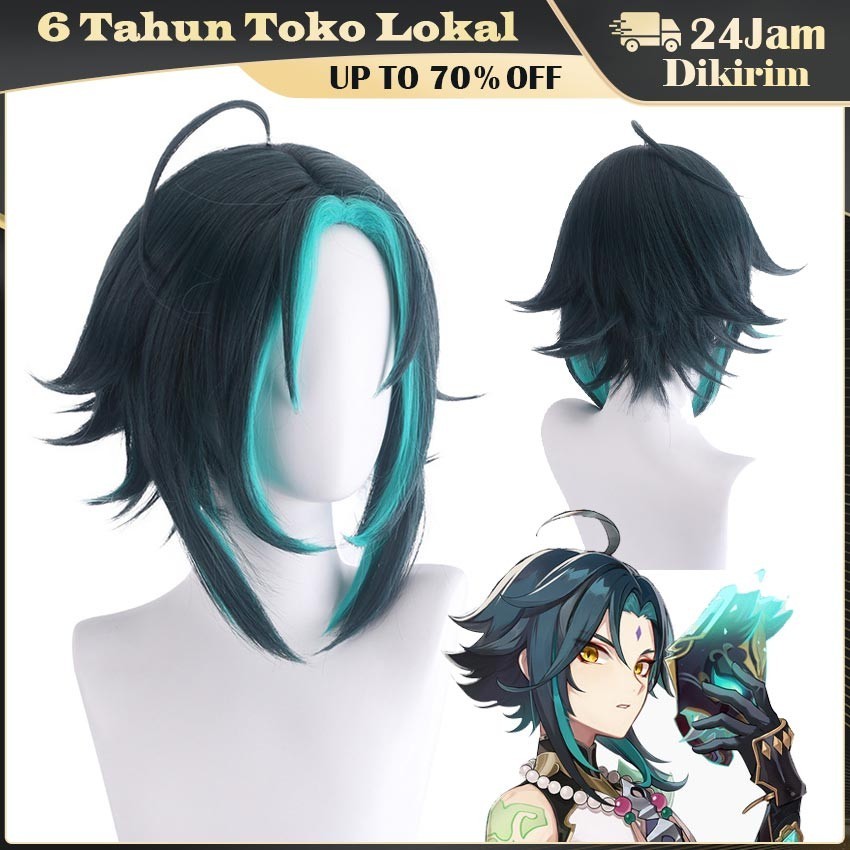 Genshin Impact Cosplay Xiao Wig / Rambut Ombre Hijau Pendek / Xiao Cosplay Wig