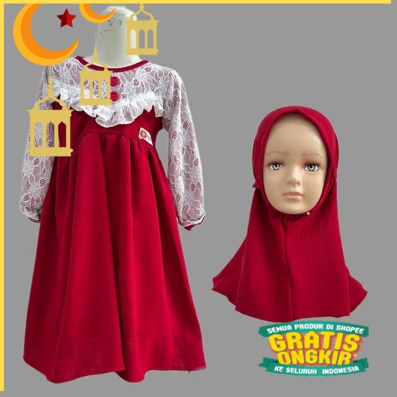 Gamis Anak 1 2 3 4 5 6 7 Tahun Anak Cewek Perempuan crinkle brokat gamis free hijab kekinian hijab j