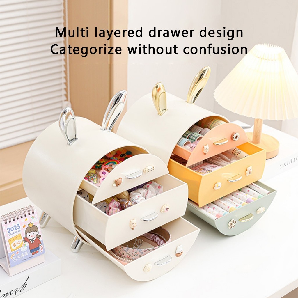 Organizer Aksesoris Rambut untuk Anak Perempuan Kelinci Lucu 3 Laci Tempat Penyimpanan Jepitan Rambu