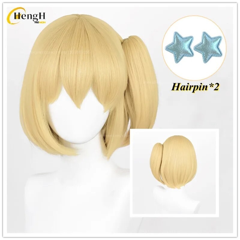 Wig Cosplay Anime Yachi, Wig klip ekor kuda emas hangat 30cm dengan jepit rambut, rambut tahan panas