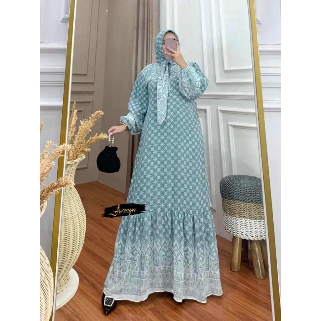 Gamis Set HIjab Segiempat ZAHRA DRESS Setelan Plus Jilbab Segiempat Ceruty Babydoll Motif- Kinanhija