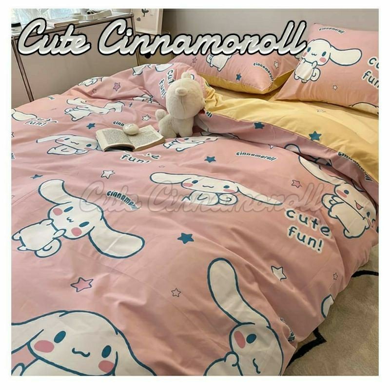 Bedcover + sprei anti geser katun esra motif CUTE CINNAMOROL mix polos  || 2 variasi warna || pink d