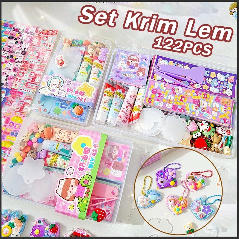 

122pcsDIY Deco Lem Krim Stiker/ Gantungan Kunci Akrilik Deco Lem Krim Stiker Keychain Set Guka Deluxe DIY Krim Tanah Liat Set/Kartun Mainan Anak Perempuan