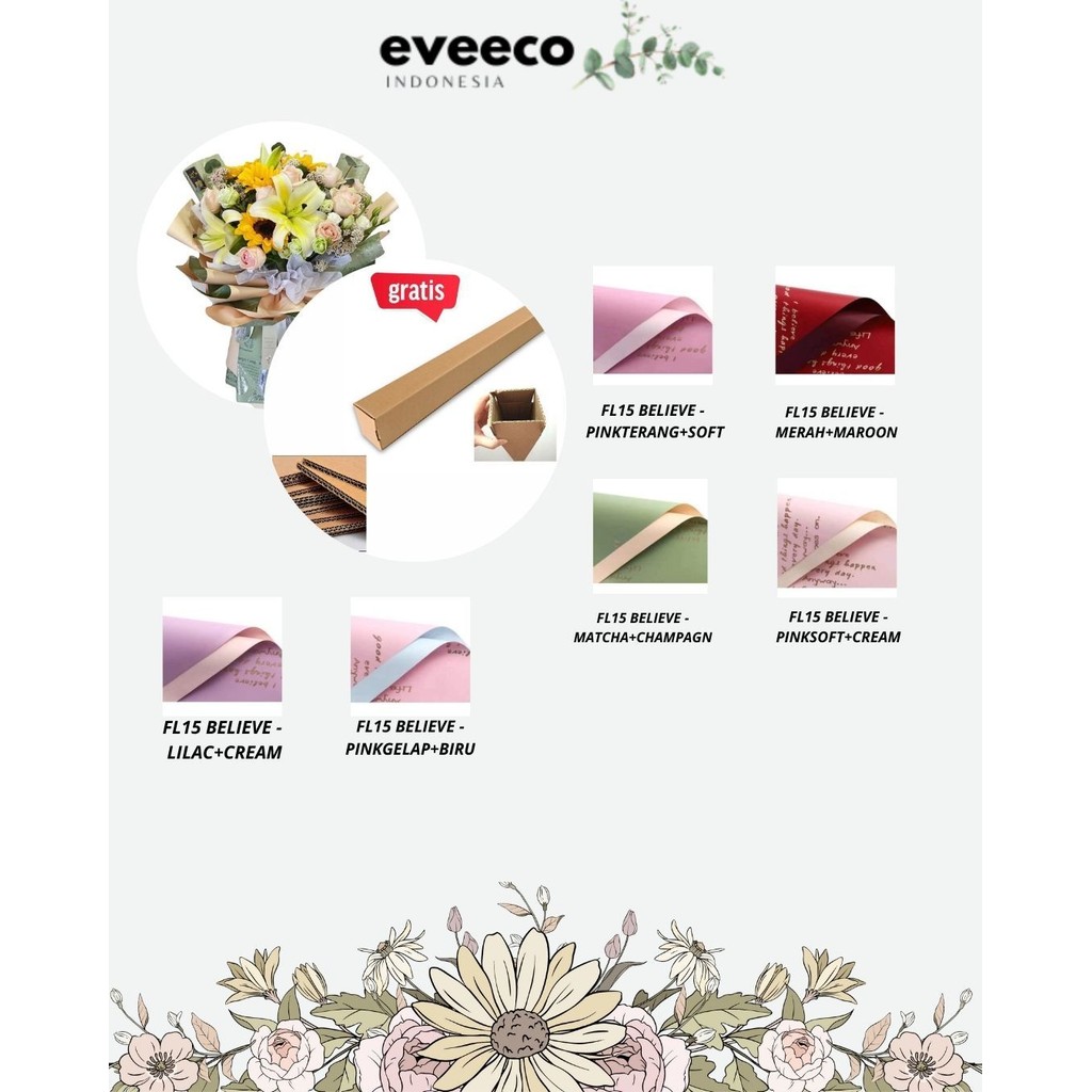 

EVEEco - (5 LEMBAR) - FL15 BELIEVE Kertas Bunga Paper Buket Motif Tulisan Text Florist Cellophane