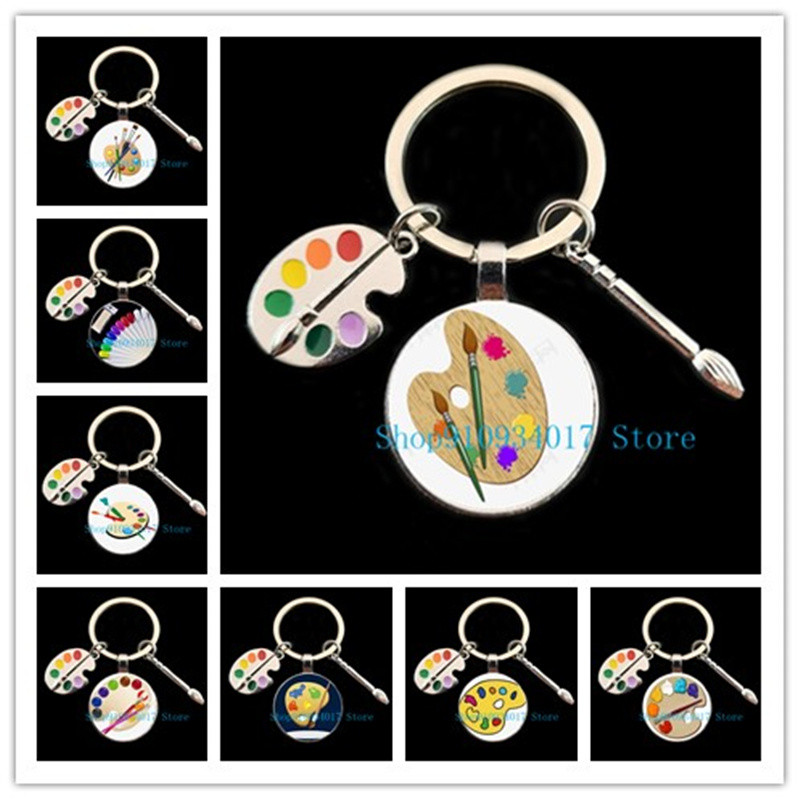 

New painter tools-palette and paintbrush keychain, a glass pendant keychain ring, keychain for men and women who love painting