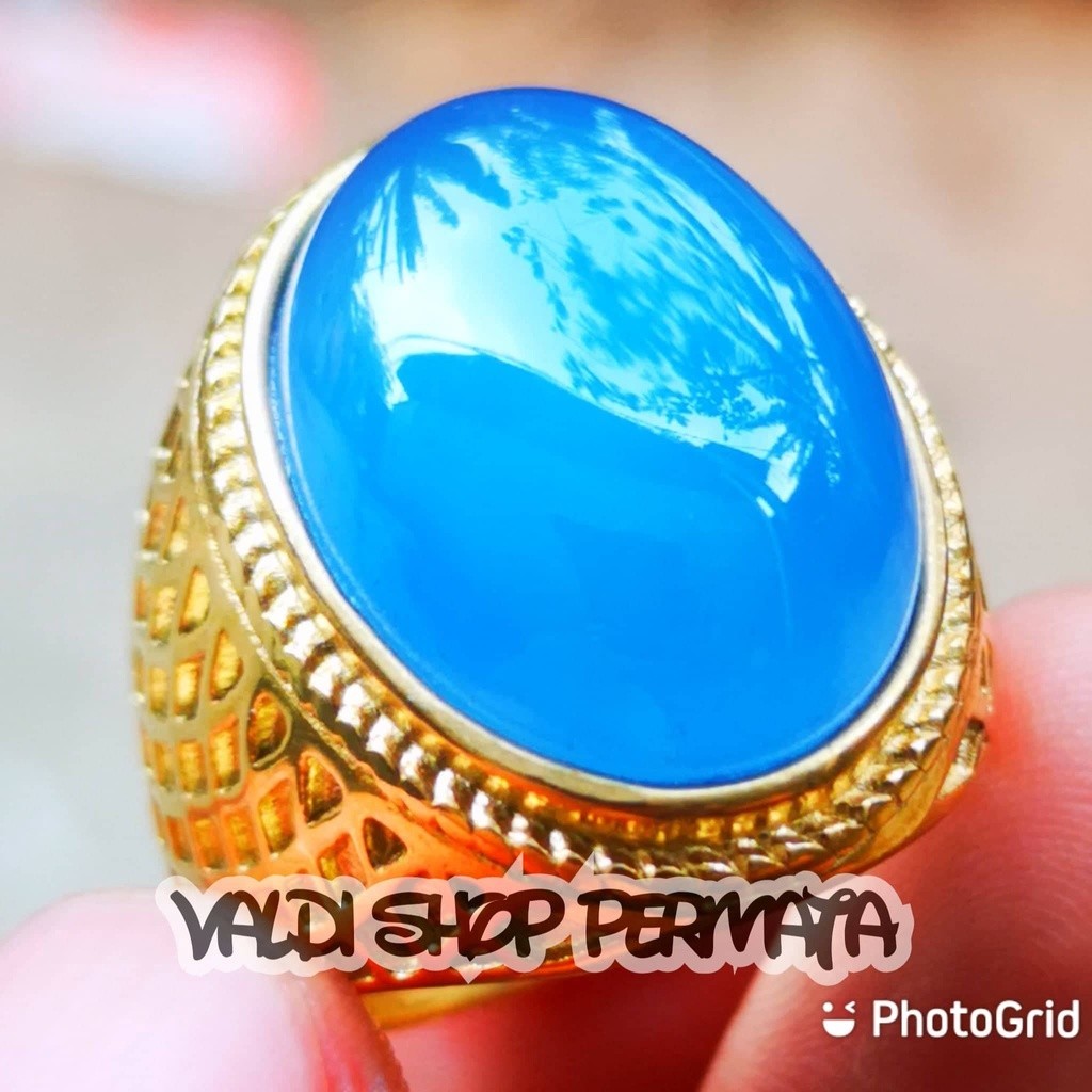 Cincin Batu Akik Asli Natural Blue Spyrtus Biru Langit Chalchedony Kristal Szie Kantoran Titanium Ri