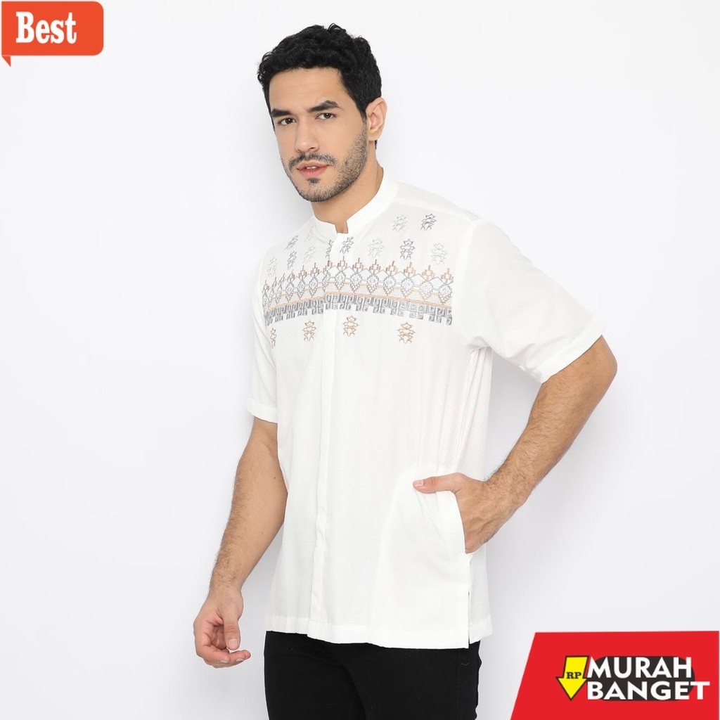 Baju muslim pria pendek- Baju Koko Muslim Dewasa Putih Tulang Lengan Pendek Koko Bordir M L XL KUWUK