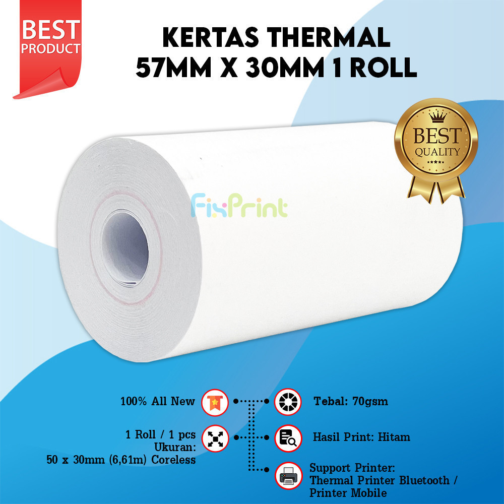 

1 Roll Kertas Kasir Struk Pembelian Paper EDC Thermal 57mm x 30mm / 57x30 / 58 x 30 / 58x30 mm Polos Kertas Nota Struk Mini Printer