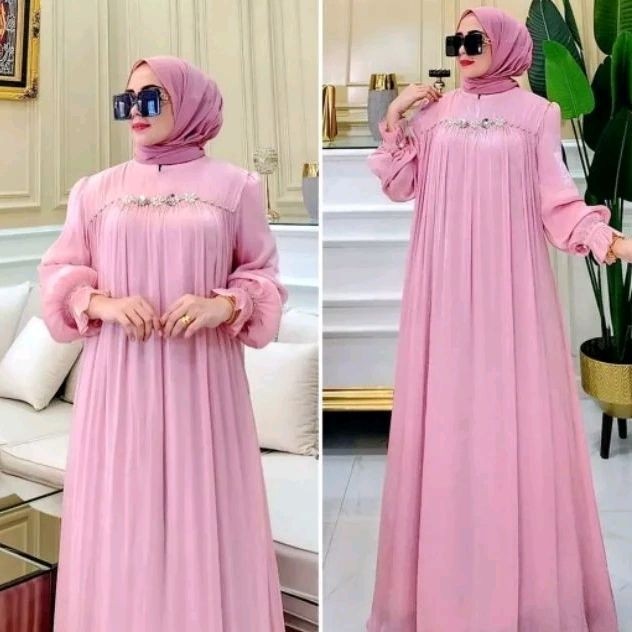 Humaira Shimer Dress Payet Mutiara | Gamis Shimer Silk Premiun Bahan Jatuh Dan Lembut | Dress Kondan