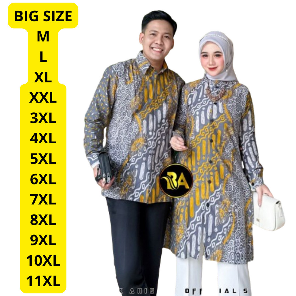 Batik Sarimbit Couple Modern Kemeja jumbo TUNIK JUMBO BAHAN 100% KATUN MOTIF SENO KUNING BIG SIZE
