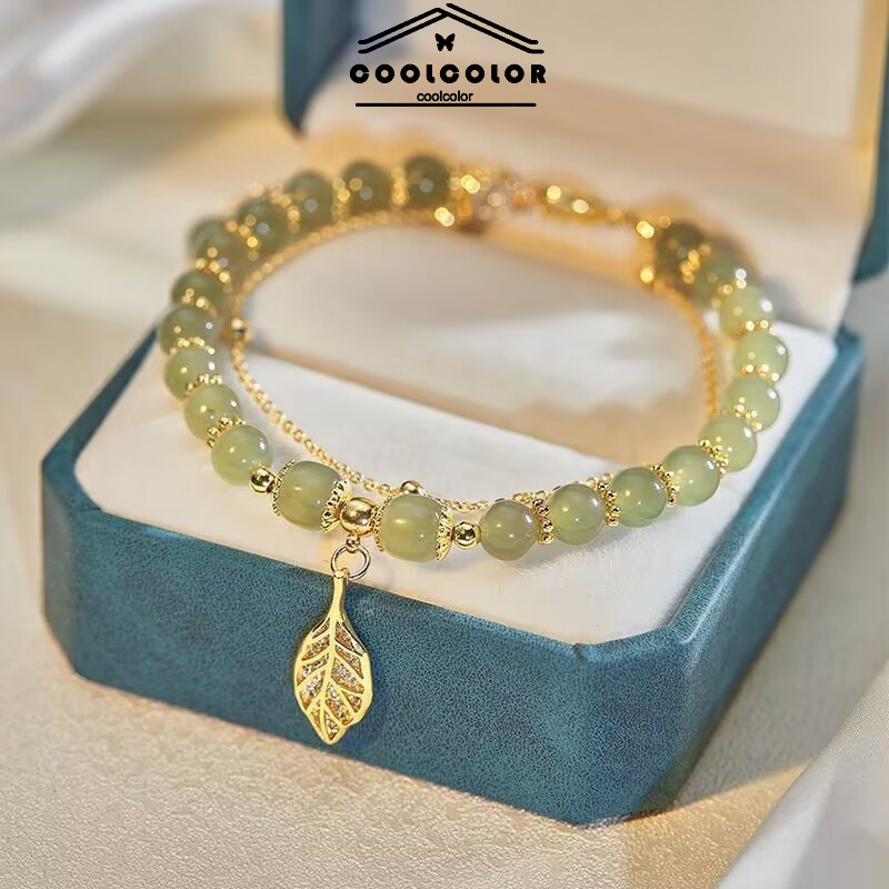 COD❤️Gelang Giok Asli Batu Kacang Titanium/Gelang Giok Kacang Wanita Berlapis Anti Luntur/Giok Manik