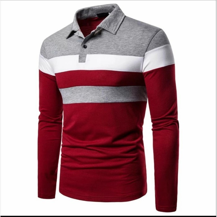 baju pria lengan panjang kaos kerah pria casual - Maroon, XXL