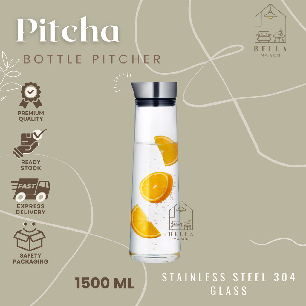 Botol Minum Kaca PITCHA Kulkas Minuman Dingin Glass Pitcher Stainless