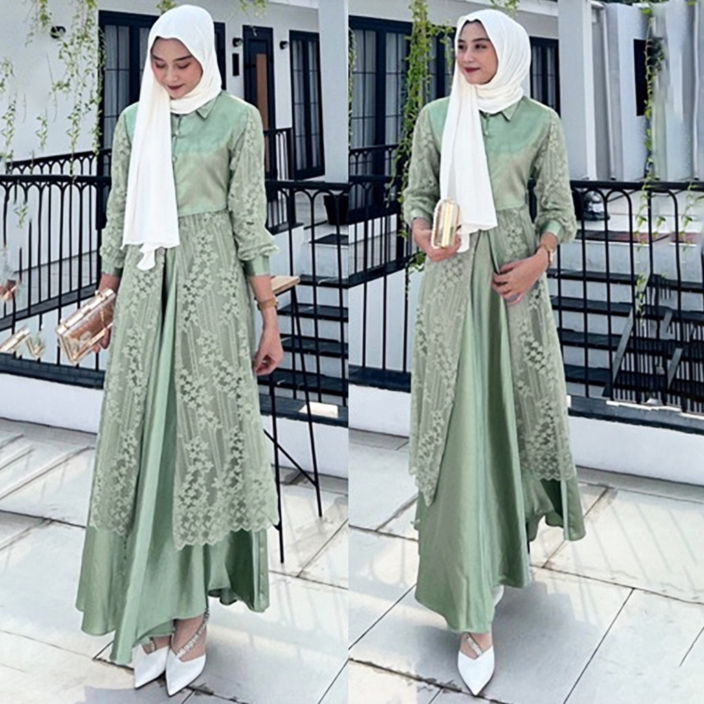 Baju Muslim Gamis Set Arasya Dress Brokat Rok Satin Size M dan L Tanpa Jilbab