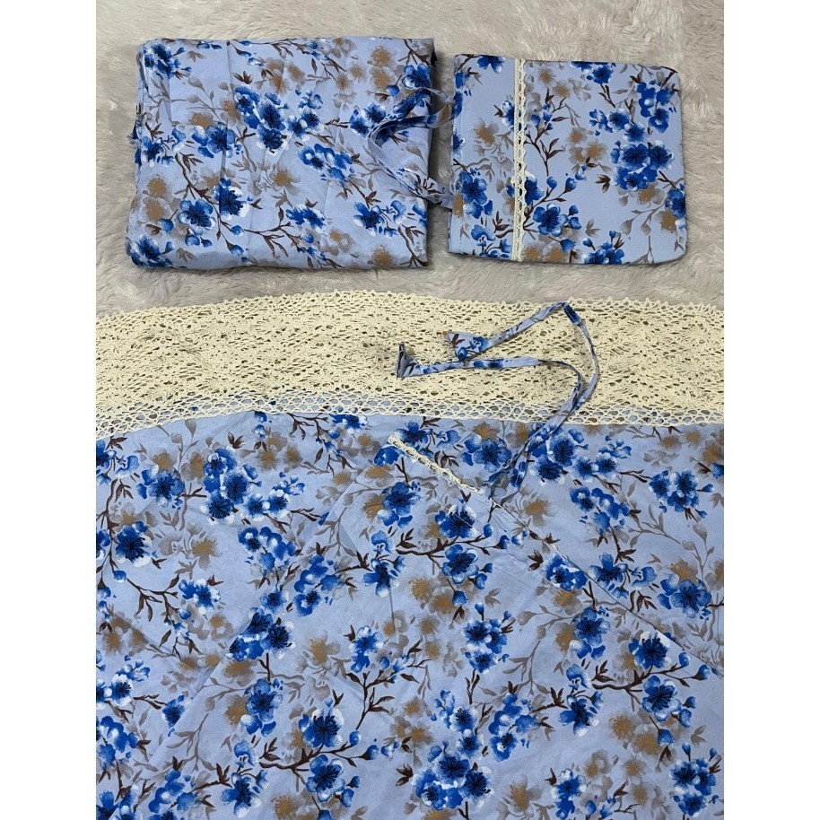 perlengkapm sholat mukena dewasa katun jepang renda floren crem renda - Biru