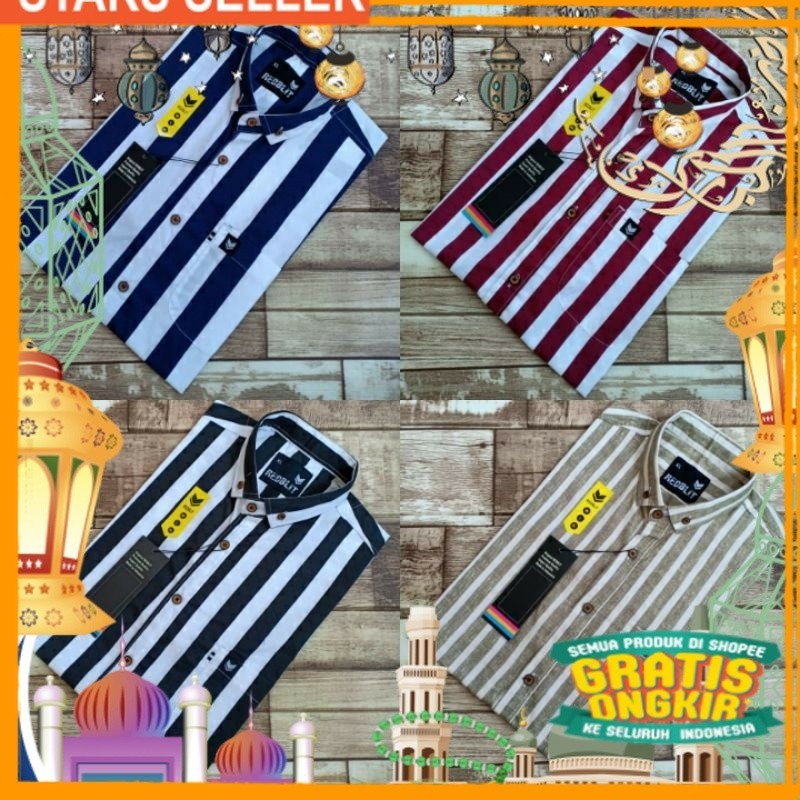 KEMEJA SALUR PRIA STRIPE LENGAN PENDEK COWOK/ Pink Dusty Fanta Merah muda