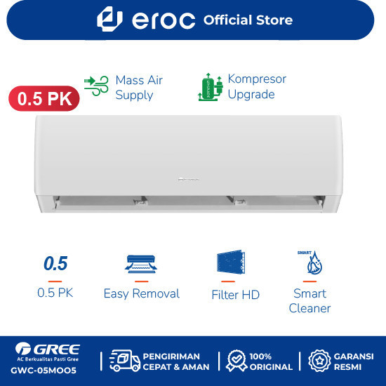 GREE AC STANDARD - AC 1/2 PK - with Fitur smart cleaner GWC-05MOO5S PUTIH (Unit Indoor &amp; Outdoor)