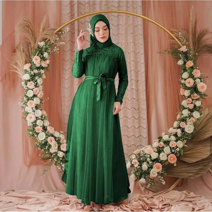 promosi toko Baju Busana Muslim Gamis Pesta Maxi Dress Mikayla Ijo botol Terbaru