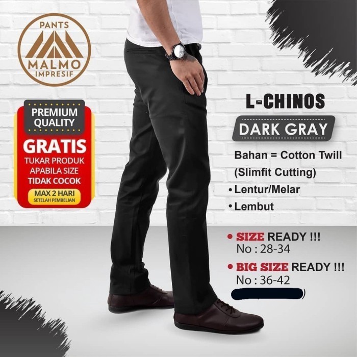 celana panjang pria kerja kantor bahan kain kanvas tebal slim xxl xxxl - Dark Grey, 28