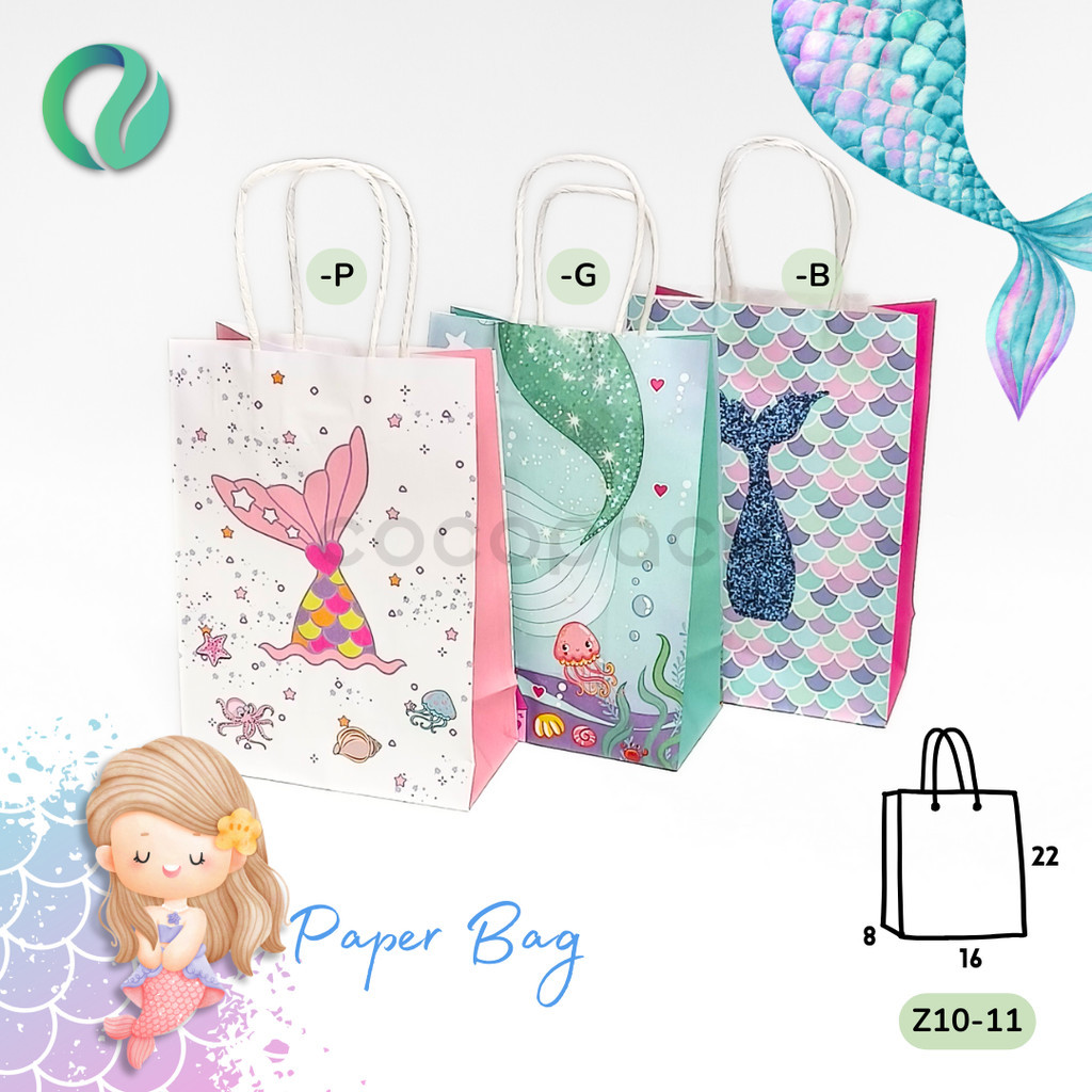 

(6 PCS) Paper Bag Motif Mermaid Gift Souvenir Tas Kado Goodie Bag 16x8x22cm