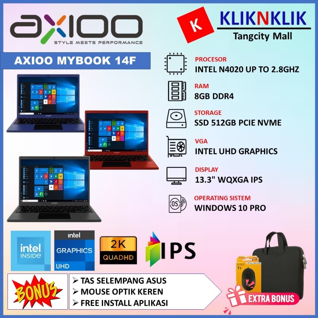 Laptop Terbaru AXIOO Mybook 14F Intel N4020 8GB 512GB SSD 13 INCH IPS 2K WIN10 PRO Original