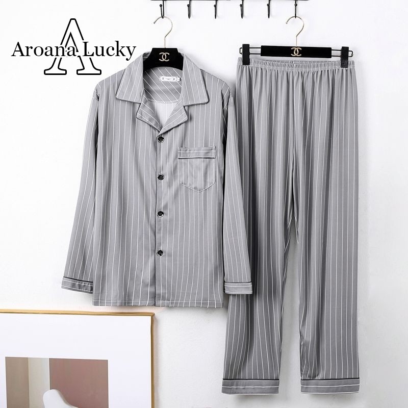 Aroana Lucky Piyama Pria, Piyama Musim Semi dan Musim Gugur, Celana Panjang Katun Pria Lengan Panjan