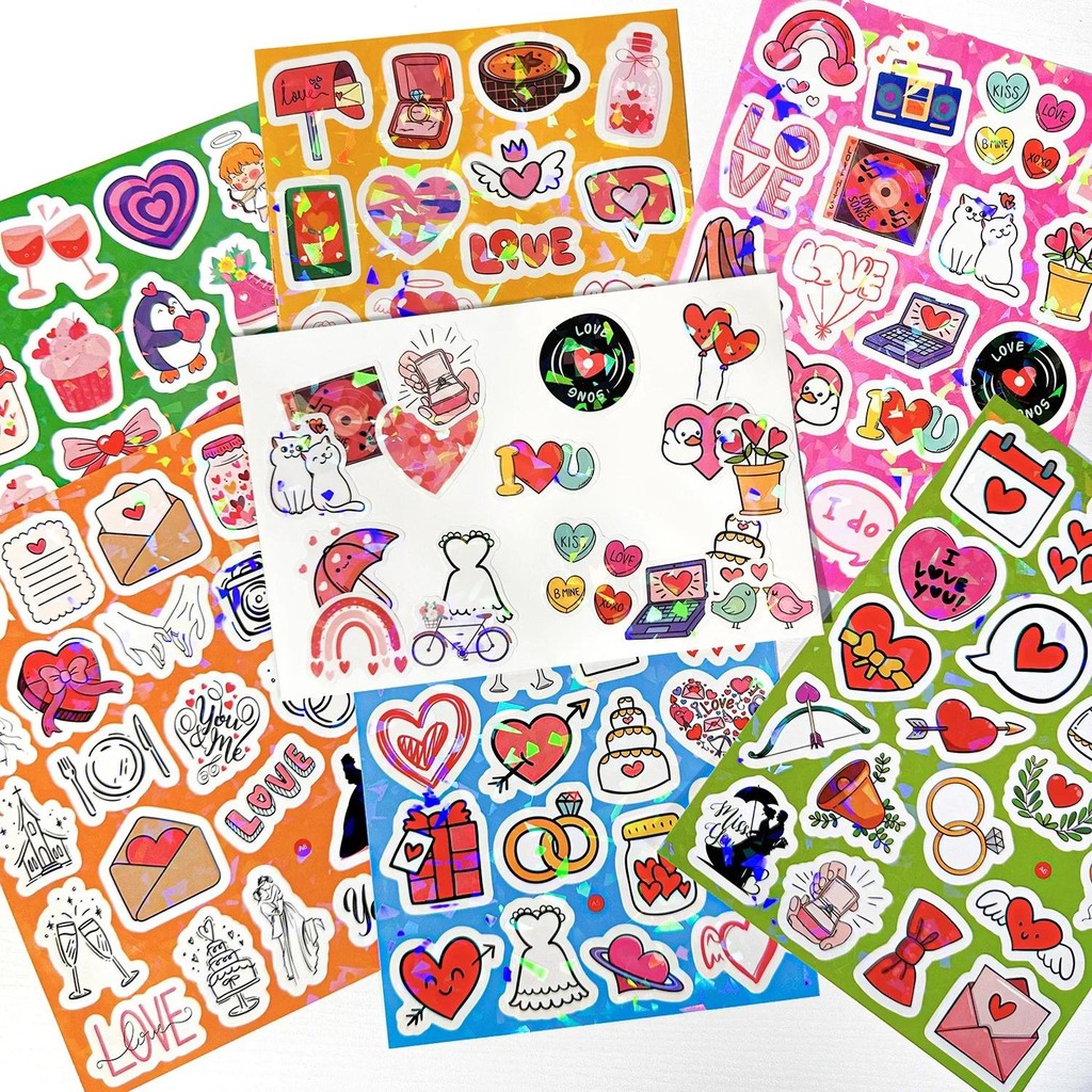 

8Pcs Romantic Valentine's Day Laser Flash Film Cartoon Sticker Cute Scrapbook Journal Deco Wedding Invitation Souvenir DIY Decal