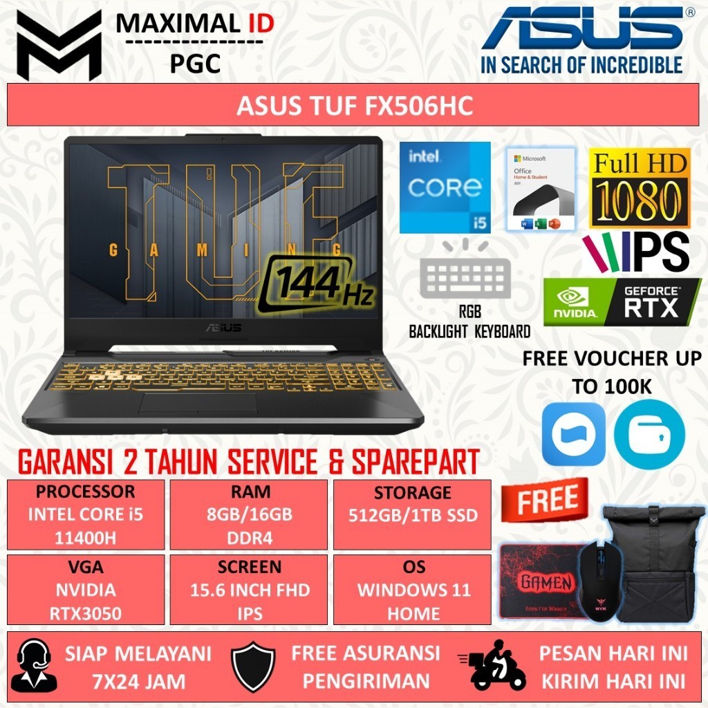 LAPTOP GAMING ASUS TUF F15 FX506HC INTEL CORE I5 11400H RAM 16GB 512GB 1TB SSD RTX3050 144Hz RGB BAC