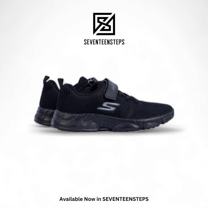 Sepatu Anak Skechers Original Kids Strap Tali Full Black Logo Silver