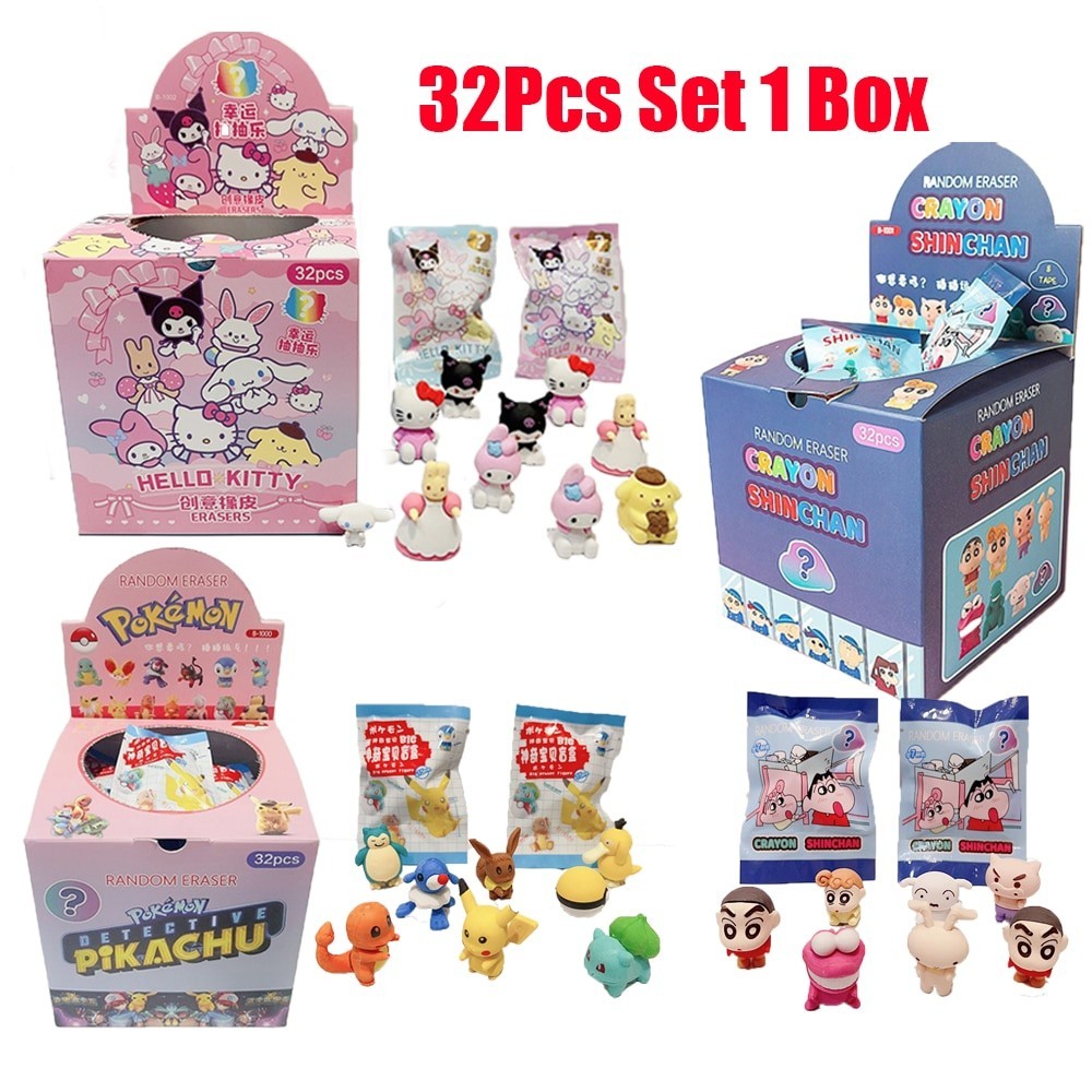 

32Pcs Sanrio Pokemon Crayon Shin-chan Pikachu Hello Kitty Figure Cartoon Pencil Eraser Student Articles School Stationery Gifts