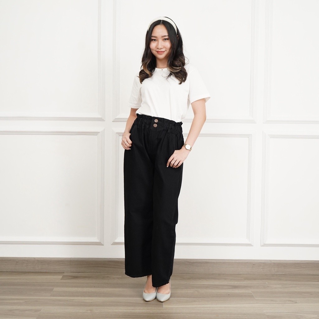 3 Warna [BISA COD] Celana Panjang Boyfriend Kulot Kancing 2 Pinggang Karet Jeans Wanita Non Stretch 