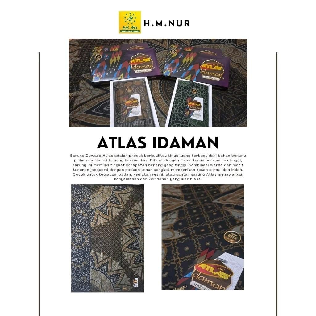 Sarung Atlas Idaman Harmoni 555 Motif BHS Batik ORI - Kain Pria Muslim Dewasa Hitam  Elegan