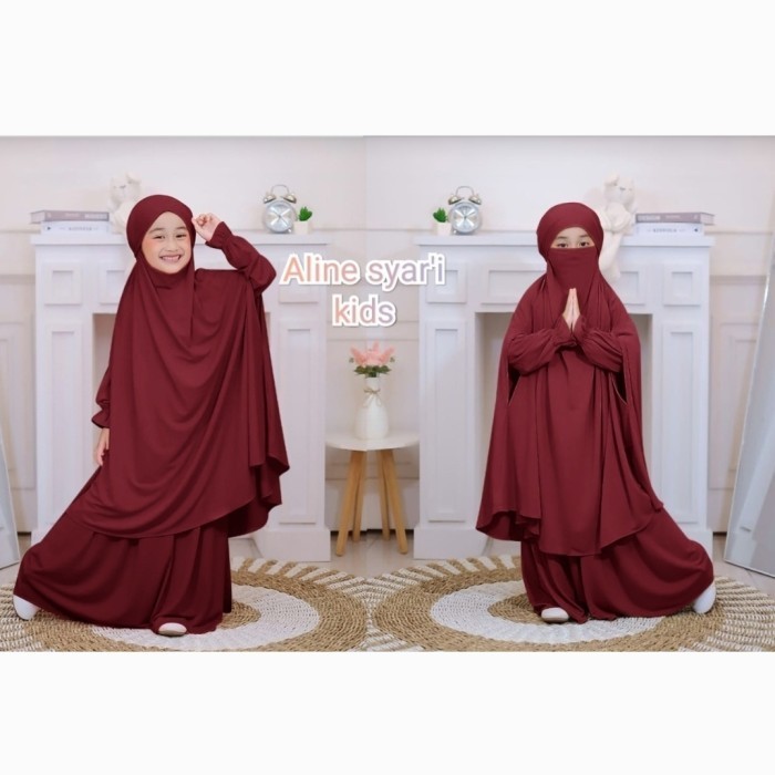 gamis syari  set khimar anak jersey aline . allsize 7-9 tahun - Lilac