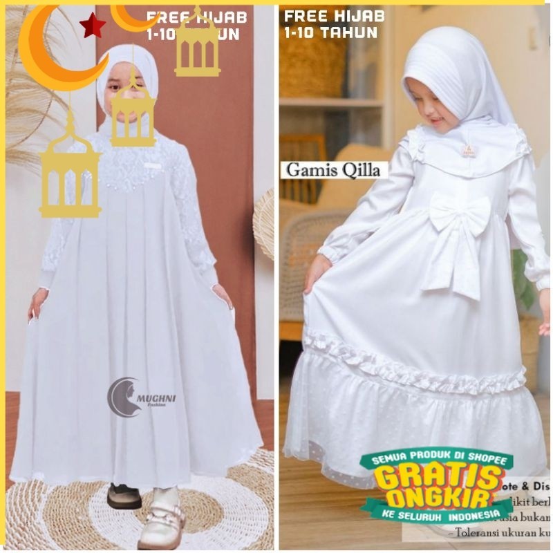 INARA Set Gamis Anak Perempuan Warna putih Gamis Manasik Haji Anak Couple Ibu dan Anak/Maron merah b