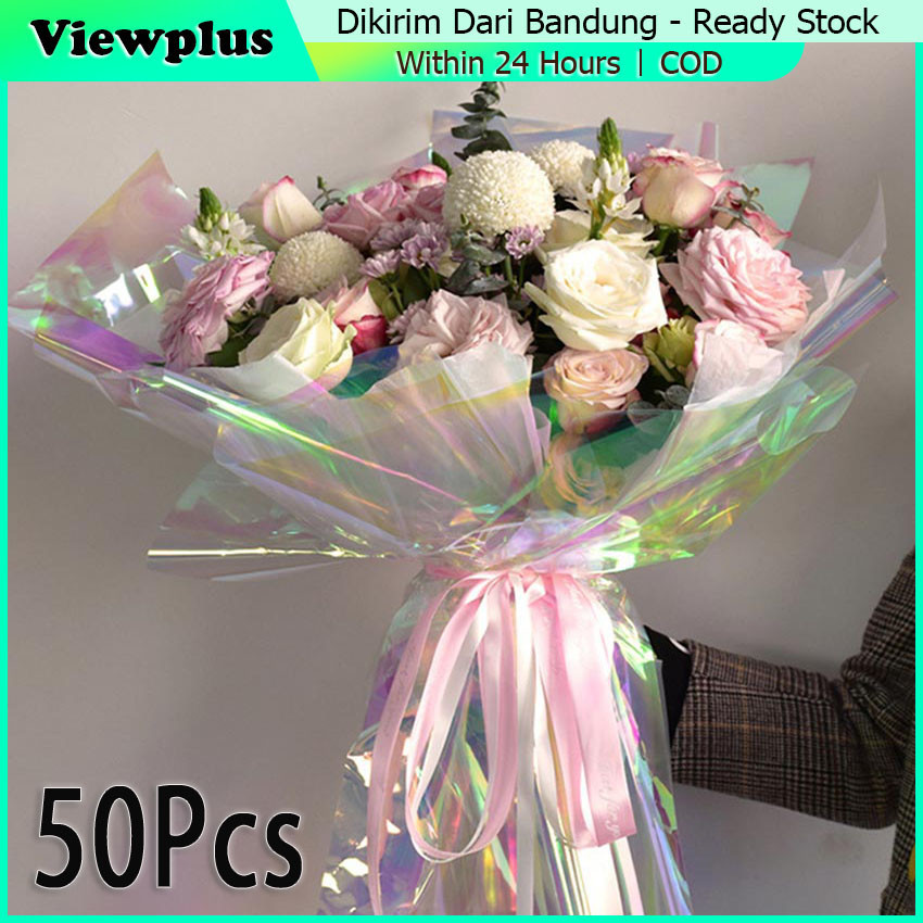 

20 Pcs/Pack Hologram Flower Wrapping Paper Waterproof Hologram Cellophane Rainbow Kertas Buket Bunga Hologram Bening Transparan Holo Flower Wrap