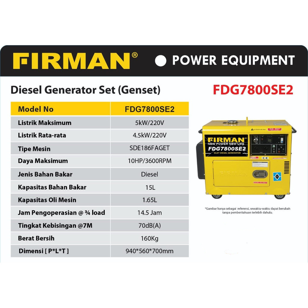 Power Generator Genset Diesel Solar 5000 Watt FDG7800SE2 FIRMAN Genset Silent 5000Watt FDG 7800 SE2 FIRMAN