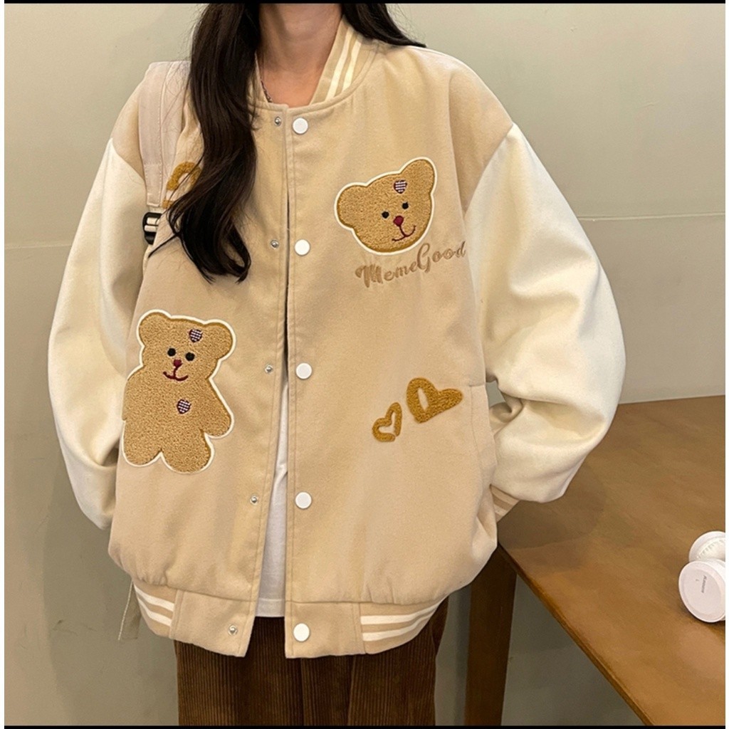 JAKET WANITA KEKINIAN OOTD CASUAL MEME GOOD BEAR HEART VARSITY FASHION OUTFIT MURAH PREMIUM