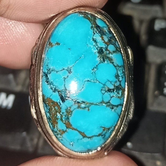 Cincin Batu Akik Natural Turquoise Pyrus Pirus Tibet Hubei Xinjiang Biru Fancy Royal Blue Lawas Urat