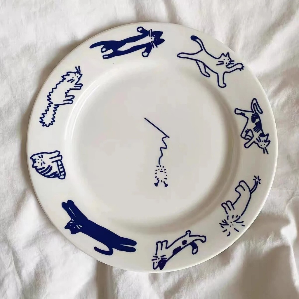 Korean Ins Style Ceramic Plate Blue Retro Cartoon Cute Puppy and Kitten Ceramic Tableware Dessert Pl