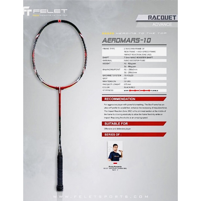 RAKET BADMINTON FELET AEROMARS 10 GALAXY FLARE 10 ORIGINAL - AEORMARS 4U, RKT+SENAR+GRIP