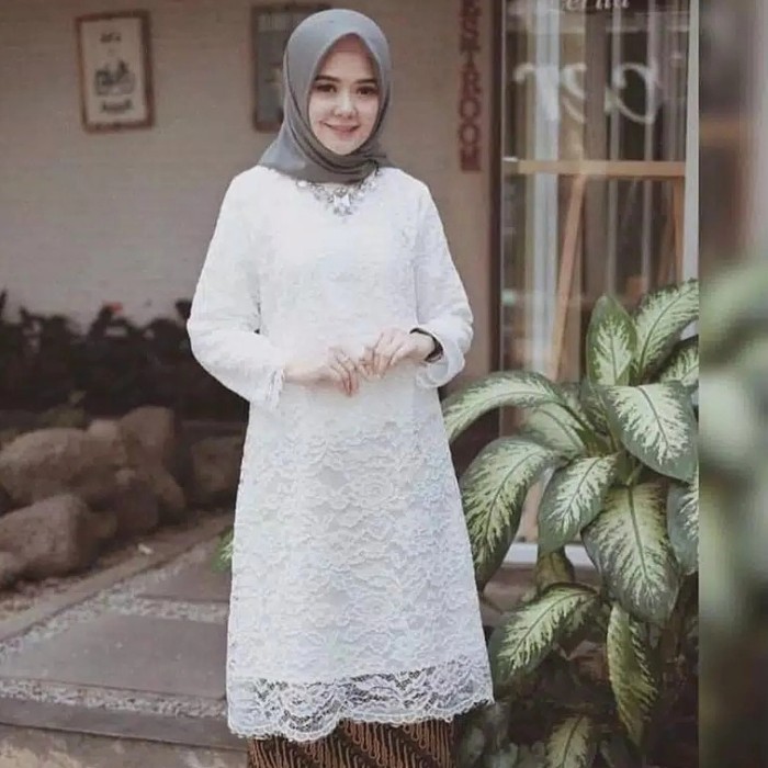 "V.NLN" - BEST SELLER SETELAN KEBAYA TUNIK BROKAT JUMBO WARNA PUTIH / DRESS BAJU WANITA ORI - ATASAN