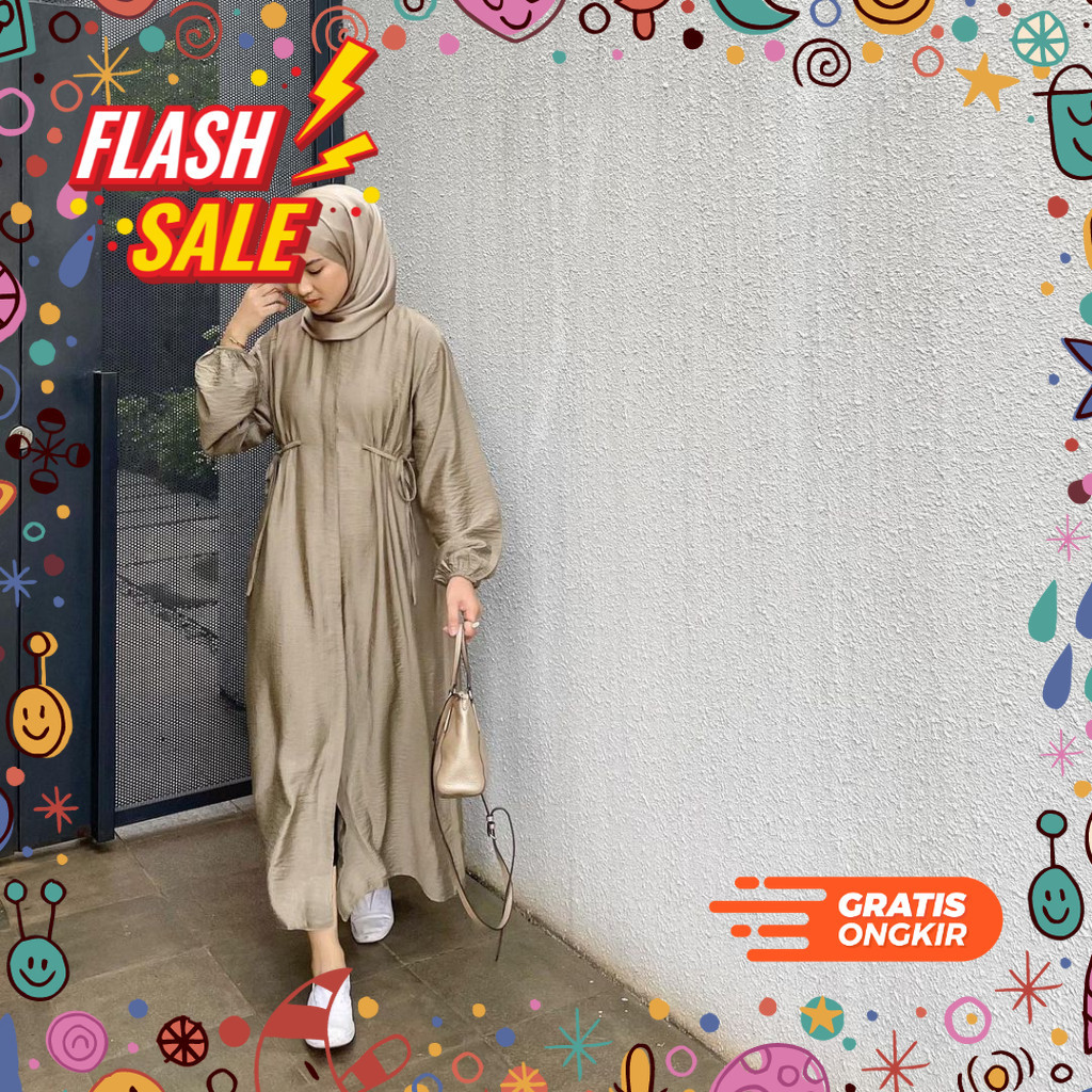 MEGASALE / Gamis Midi Dress Polos Polo Linen Tali Pinggang Hazzel