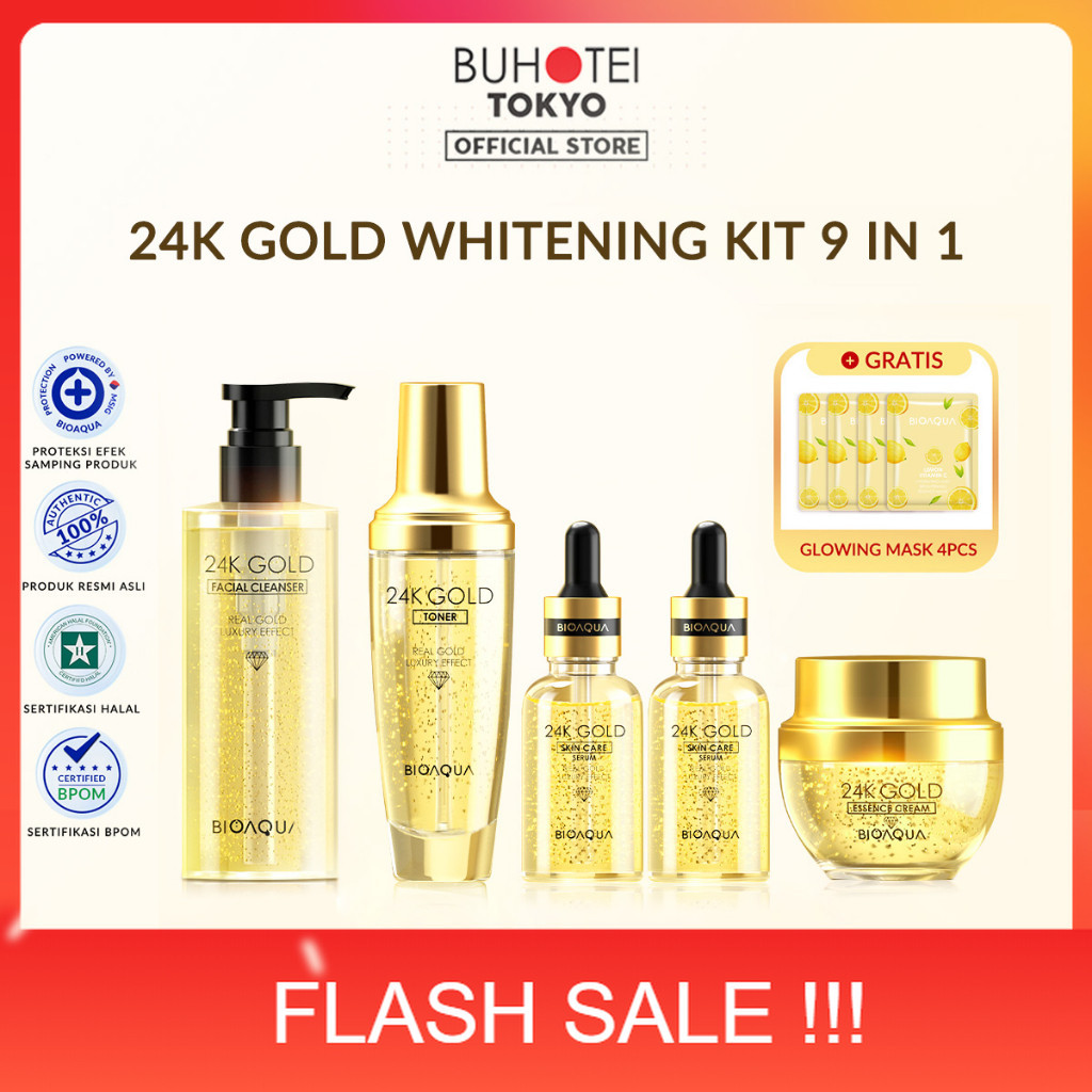 PROMO BUHOTEI Bioaqua 24K Gold Skin Care Whitening Kit(Serum, Moisturizer, Sheet Mask, Toner, Facial