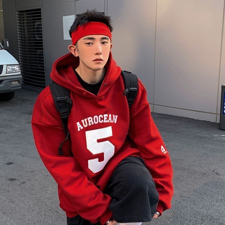 New American Digital 5 Printed Red Sports Hoodie for Men