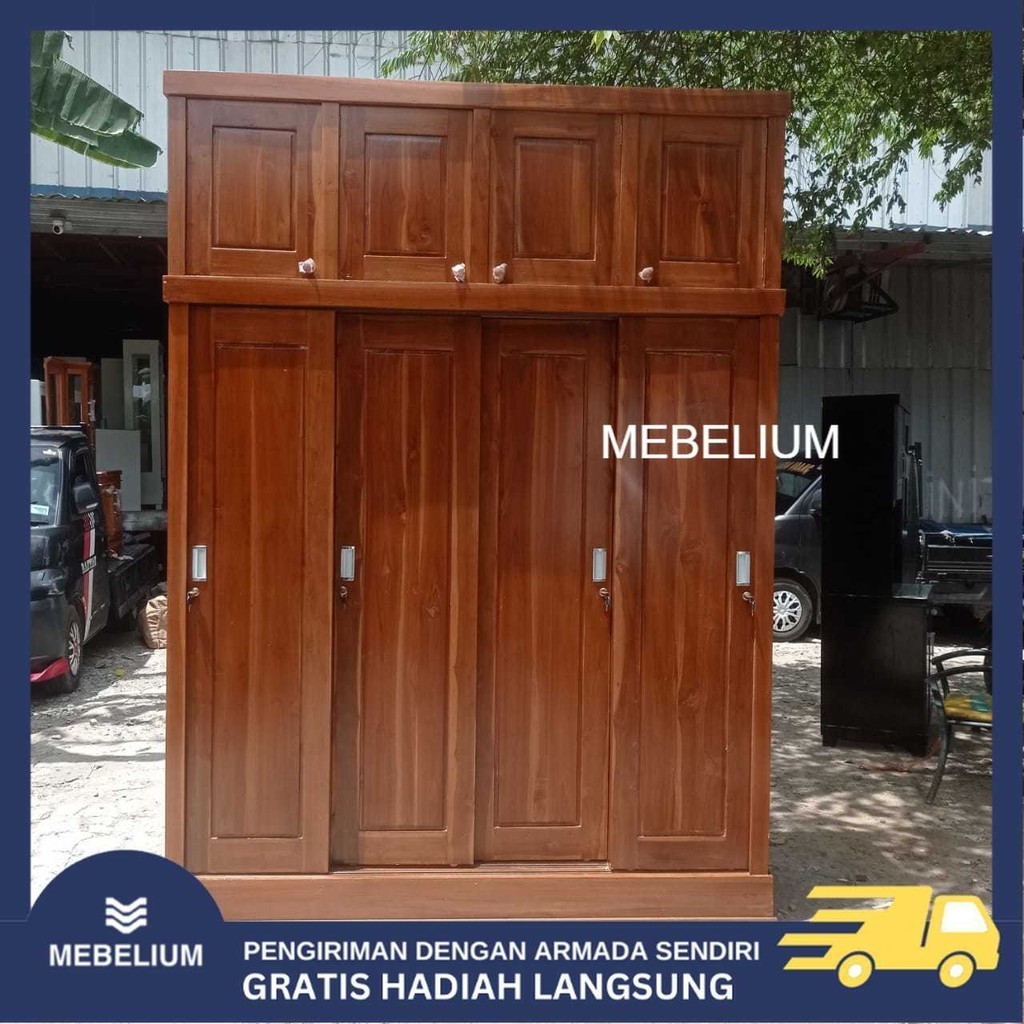 [Jabodetabek] Lemari Pakaian Sliding Jati Tingkat 4 Pintu Premium | Lemari Baju Susun jumbo Kayu Jat