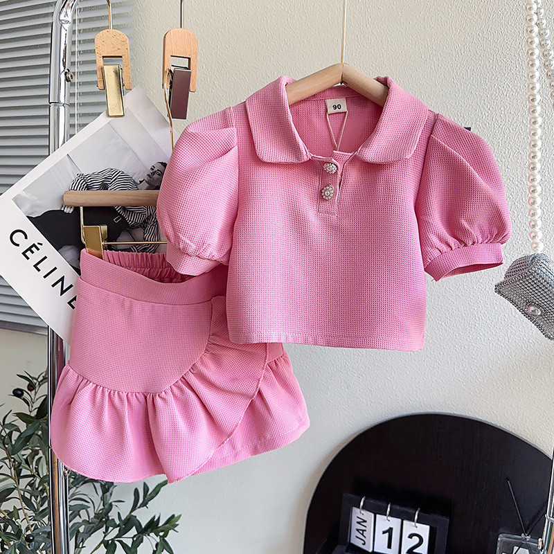 Setelan Anak Perempuan Import Lengan Balon Rok Renda Remple Samping Pinggang Karet kerah Kancing