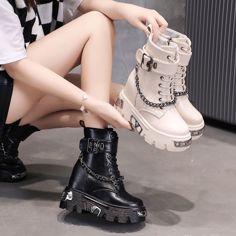 New women's boots, platform soled martin boots, retro heightened block heel boots