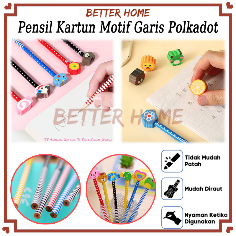 

Pensil Karakter Kartun Lucu Motif Garis Polkadot/Cartoon Pencil With Eraser