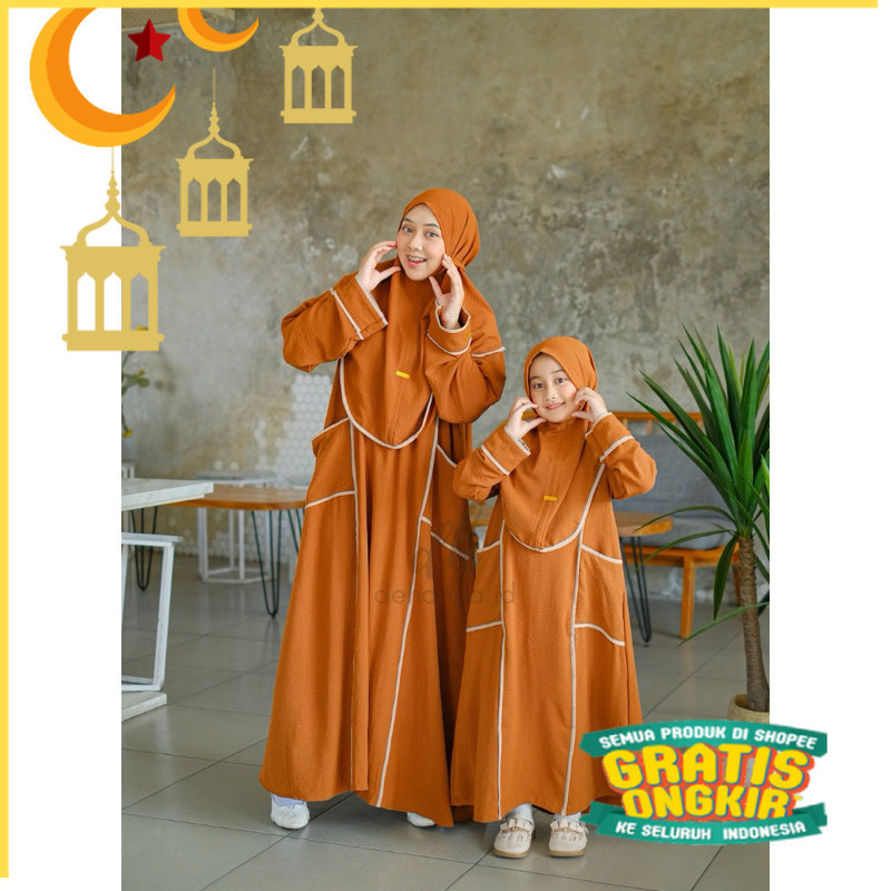 Gamis Couple Ibu dan Anak / Salwa Abaya Set Khimar Terbaru/Maron merah bata red anak tanggng