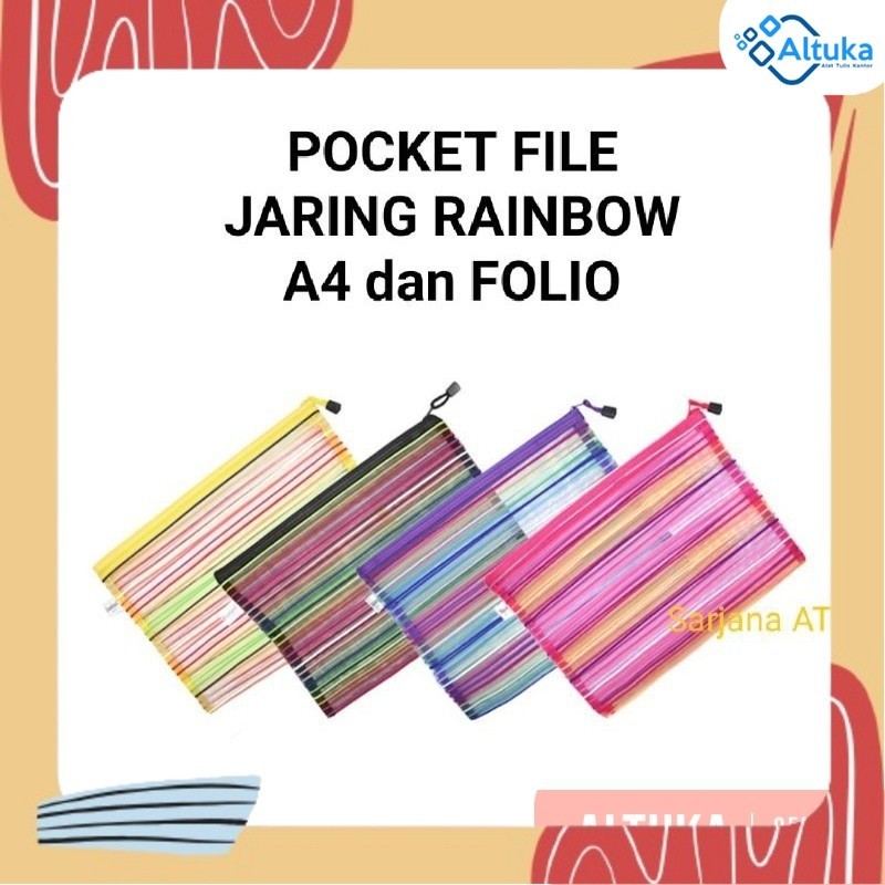 

Map Plastik Pocket File Zipper Ukuran Folio dan A4 Jaring RAINBOW Eselon